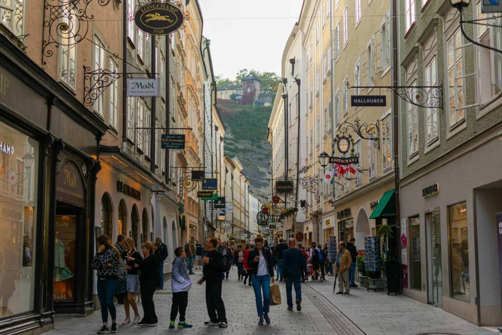 The main shopping street in Salzburg, Austria